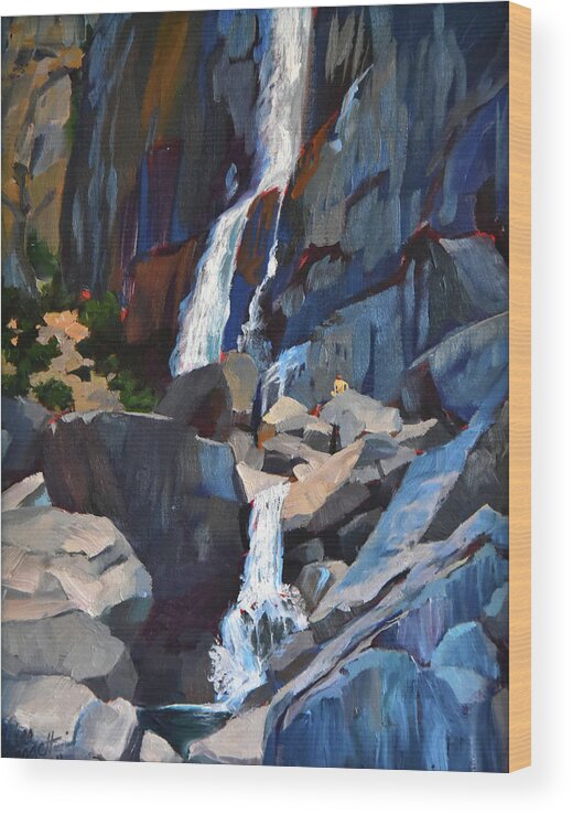 Waterfall Wood Print featuring the painting Yosemite Falls in August by Alice Leggett