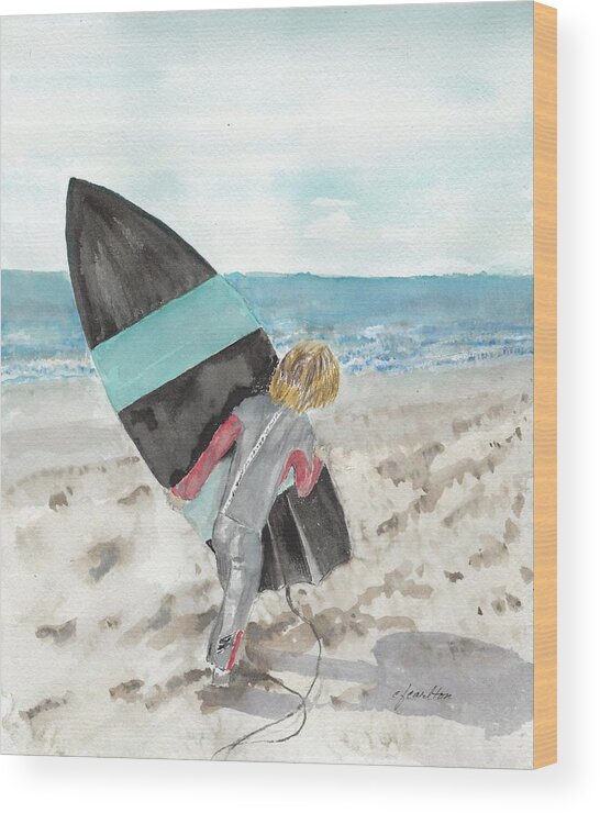 Surfer Wood Print featuring the painting Young Surfer's Love by Claudette Carlton