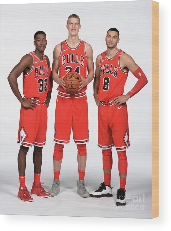 Media Day Wood Print featuring the photograph Zach Lavine, Kris Dunn, and Lauri Markkanen by Randy Belice