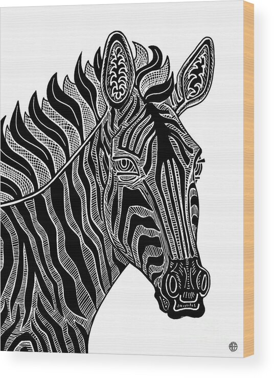Zebra Wood Print featuring the drawing Zebra. Wild Animal Ink 15 by Amy E Fraser
