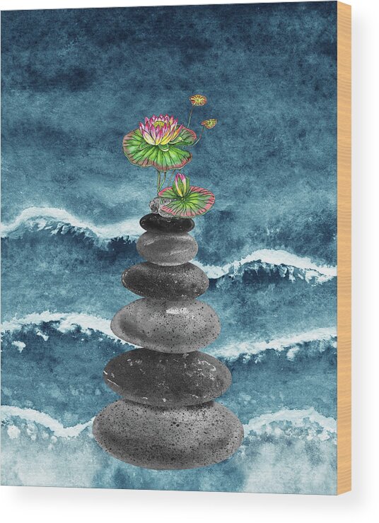 Zen Rocks Wood Print featuring the painting Zen Rocks Cairn Meditative Tower And Lotus Flower Watercolor by Irina Sztukowski