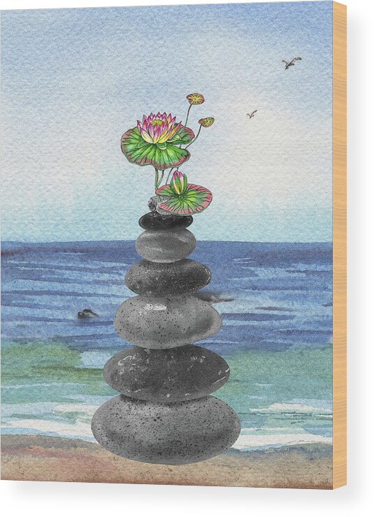 Cairn Rocks Wood Print featuring the painting Zen Rocks Cairn Meditative Tower And Water Lily Flower Watercolor by Irina Sztukowski