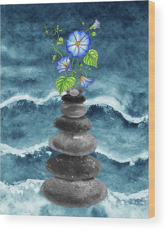 Cairn Rocks Wood Print featuring the painting Zen Rocks Cairn Meditative Tower With Morning Glory Flower Watercolor by Irina Sztukowski