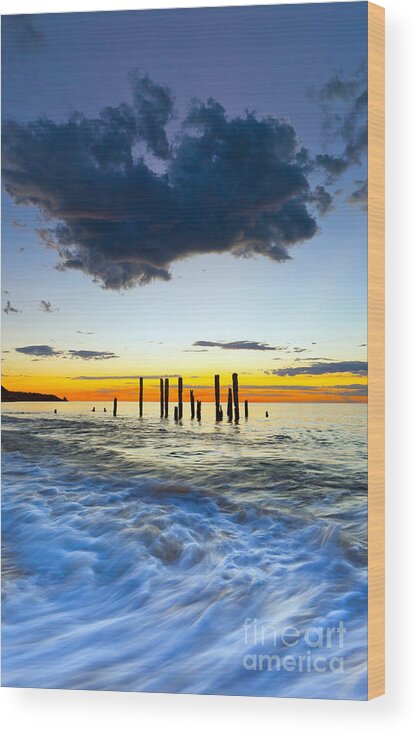 Ruins Of The Old Port Willunga Jetty Seascape Seascapes Sea Waves Ocean Salt Water Clouds South Australia Australian People Photographing Beach Wood Print featuring the photograph Port Willunga Sunset by Bill Robinson