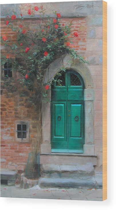 Roses Wood Print featuring the painting Climbing Roses Cortona Italy by Anna Rose Bain