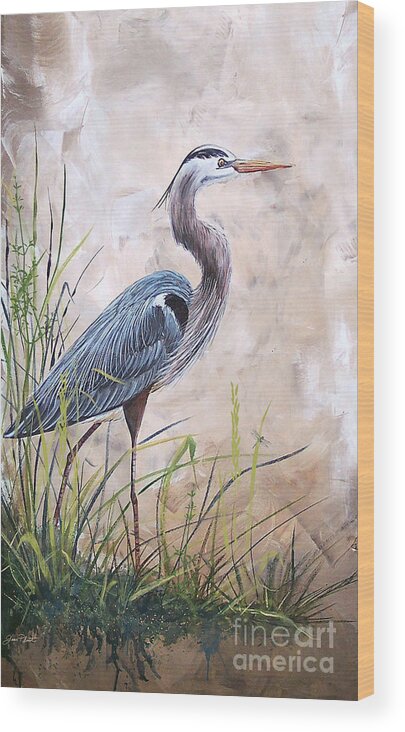 Heron Wood Print featuring the painting In the Reeds-Blue Heron-A by Jean Plout