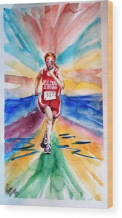 Running Wood Print featuring the painting My Sarah Running Cross Country by Richard Benson