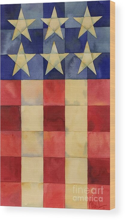 Patriotic Wood Print featuring the painting Quilted Flag Vertical by Paul Brent