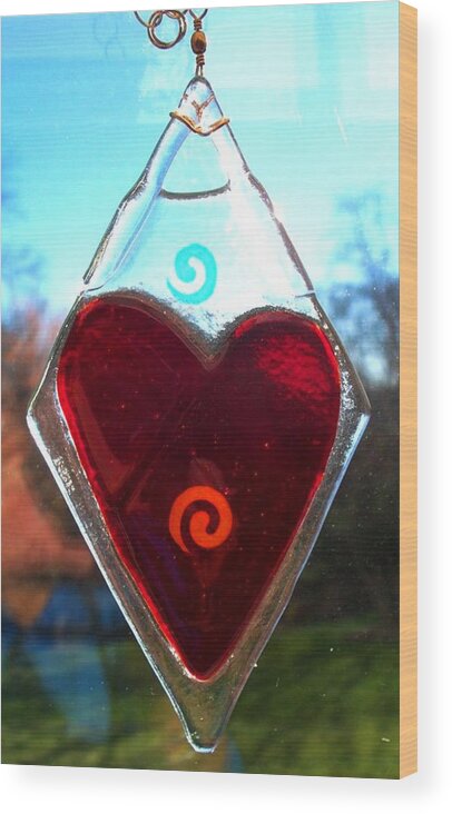 Fused Glass Wood Print featuring the glass art Red Heart with Spiral by Marian Berg
