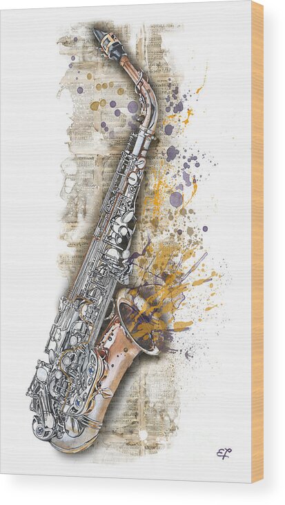 Jazz Wood Print featuring the painting Saxophone 02 - Elena Yakubovich by Elena Daniel Yakubovich