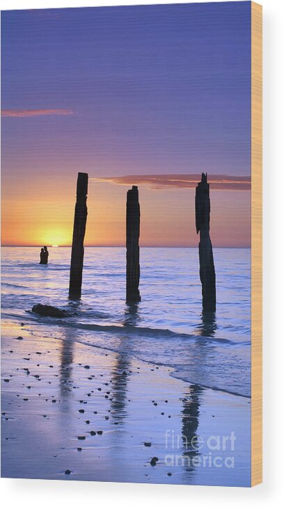 Sunset Jetty Ruin Pylons Beach Posts Port Willunga South Australia Seascape Australian Wood Print featuring the photograph Sunset Romance by Bill Robinson