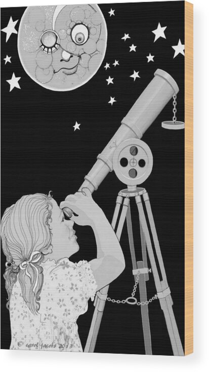 Little Girl Wood Print featuring the digital art The Moon Looks Back by Carol Jacobs