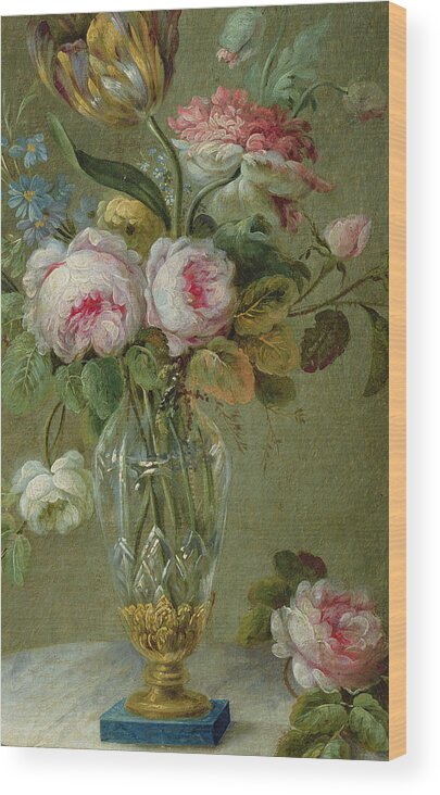 Rose Wood Print featuring the painting Vase of flowers on a table by Michel Bellange