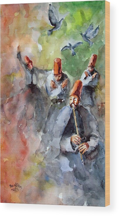 Mevlevi Cult Wood Print featuring the painting Whirling Dervishes and Pigeons     by Faruk Koksal