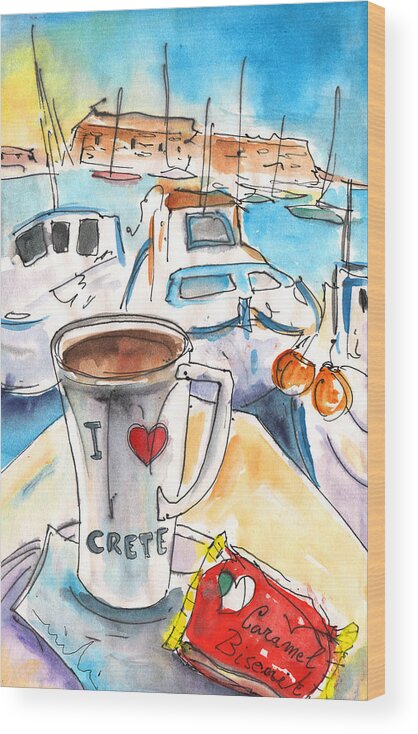 Travel Art Wood Print featuring the painting Coffee Break in Heraklion in Crete by Miki De Goodaboom