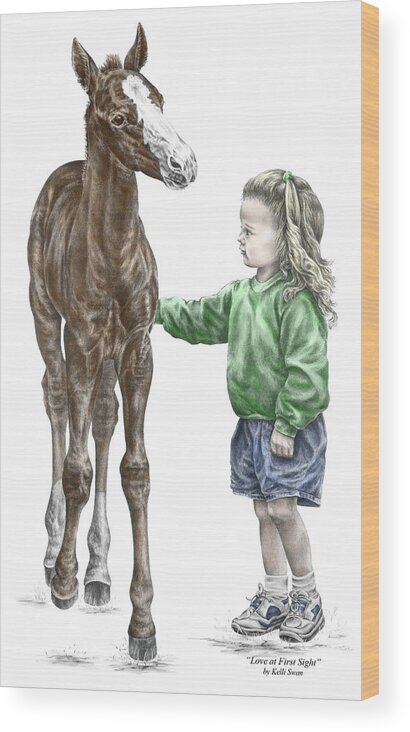Horse Wood Print featuring the drawing Love at First Sight - Girl and Horse Print color tinted by Kelli Swan