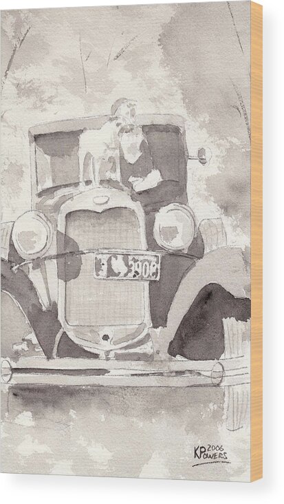 Car Wood Print featuring the painting Boy And His Dog On An Old Car by Ken Powers