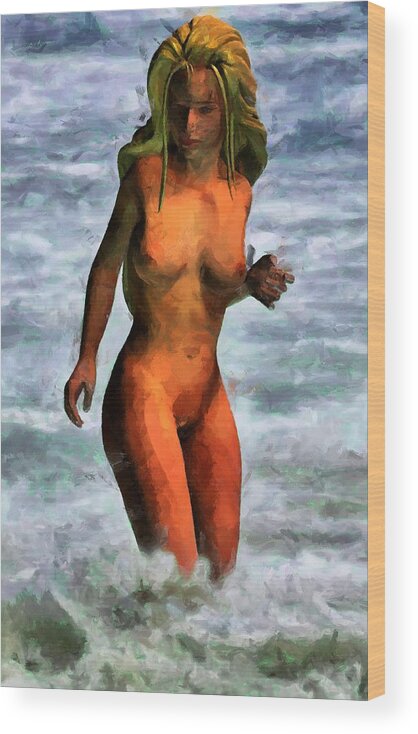 Woman Jumping Waves Wood Print featuring the digital art Genie Jumping Waves by Caito Junqueira