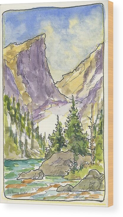 Watercolor Sketch Wood Print featuring the painting Hallett's Peak by Victoria Lisi