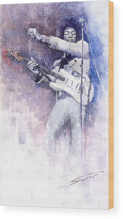 Watercolor Wood Print featuring the painting Jazz Rock Jimi Hendrix 07 by Yuriy Shevchuk