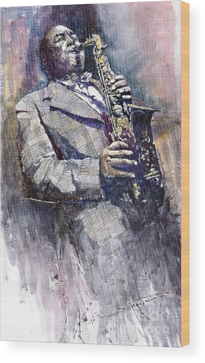 Watercolor Wood Print featuring the painting Jazz Saxophonist Charlie Parker by Yuriy Shevchuk