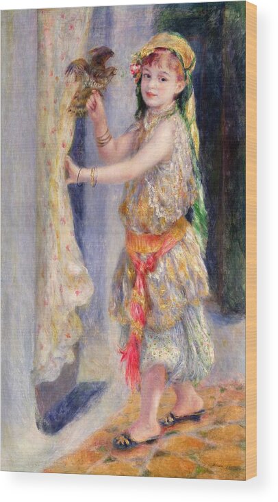 Female; Portrait; Traditional Algerian Costume; Young Girl; Child; Children; Impressionist; Bird; Innocent; Innocence; Fancy Dress Wood Print featuring the painting Mademoiselle Fleury in Algerian Costume by Pierre Auguste Renoir