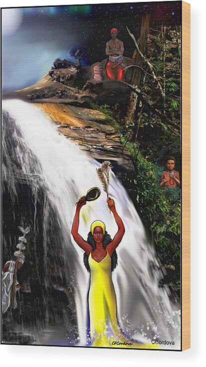 Oshun Wood Print featuring the digital art Oshun, Obatala, Elegua and Chango by Carmen Cordova