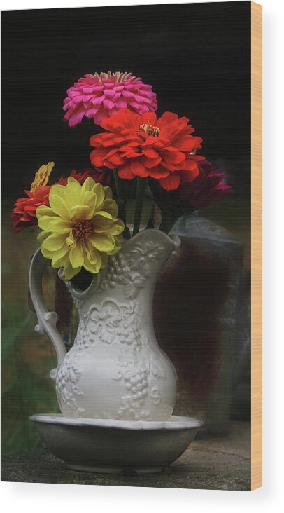 Pitcher Of Flowers Wood Print featuring the photograph Pitcher and Zinnias by Jeff Kurtz