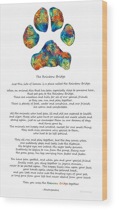 Rainbow Bridge Wood Print featuring the painting Rainbow Bridge Poem With Colorful Paw Print by Sharon Cummings by Sharon Cummings