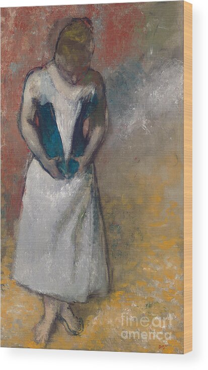Standing Woman Seen From The Front Wood Print featuring the painting Standing Woman Seen from the Front, Clasping her Corset by Edgar Degas