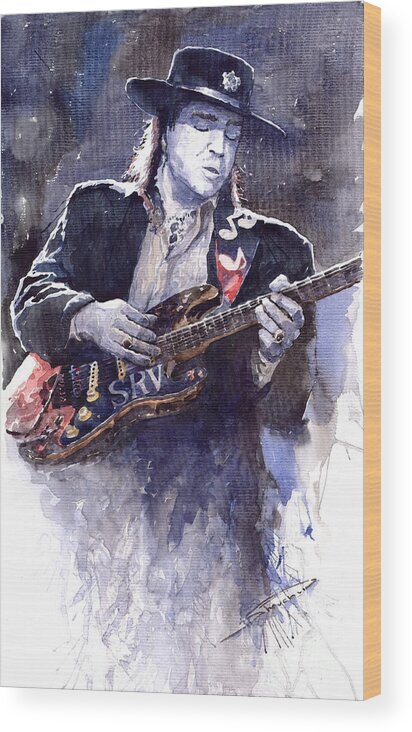 Guitarist Wood Print featuring the painting Stevie Ray Vaughan 1 by Yuriy Shevchuk