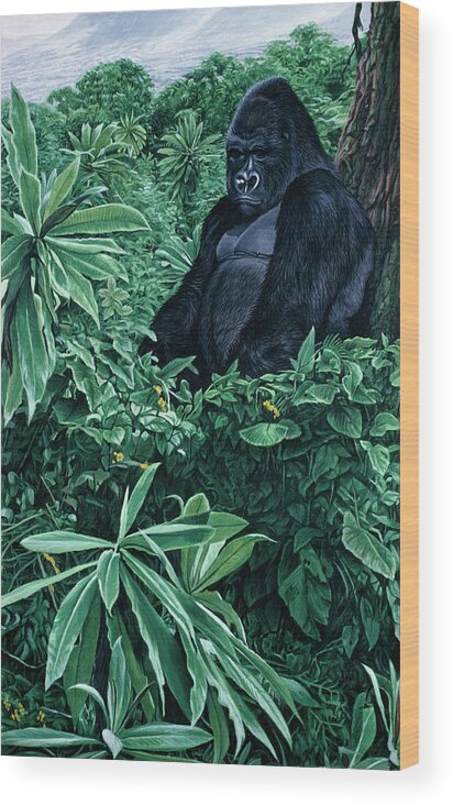 A Gorilla In The Forest Wood Print featuring the painting Gorilla by Ron Parker