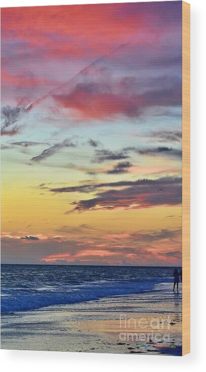 Lido Beach Sarasota Florida Sunset Families Enjoying Celebration July 4th Sand Sun Waves Clouds Beauty Orange Red Blue Gray Black Darkness Wood Print featuring the photograph Natures Fireworks Vertical by Gary F Richards