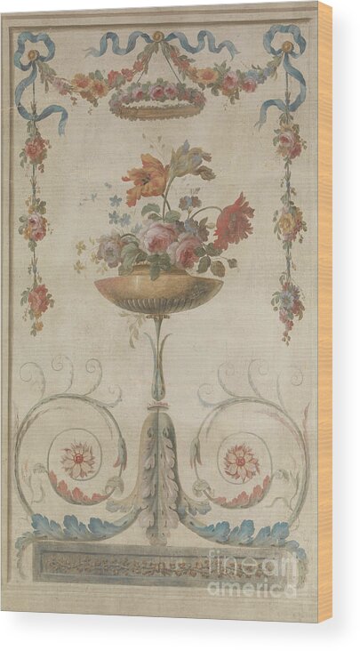 Oil Painting Wood Print featuring the drawing Vase Of Flowers Resting On Foliate by Heritage Images