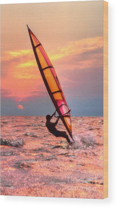 Windsurfing Wood Print featuring the digital art Windsurfing At Sunrise by Jeff Breiman