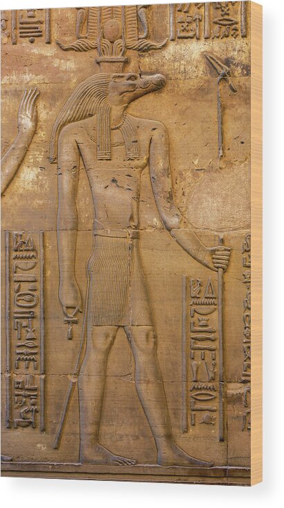Egypt Wood Print featuring the relief Hieroglyphic carvings of Sebek god #1 by Mikhail Kokhanchikov