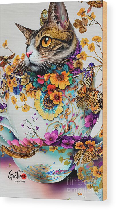 Digital Art Wood Print featuring the digital art Cat In A Cup Ginette In Wonderland Digital Art by Ginette Callaway