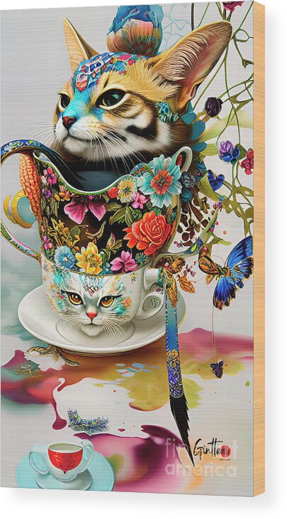 Digital Art Wood Print featuring the digital art Cats in A Cup 2 Ginette In Wonderland Decorative Art by Ginette Callaway