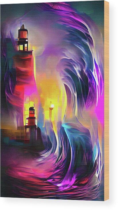 Lighthouse Wood Print featuring the digital art Lighthouse 02 Huge Waves by Matthias Hauser