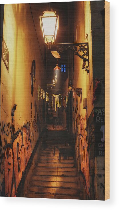 Night Wood Print featuring the photograph Night laundry alley by Micah Offman
