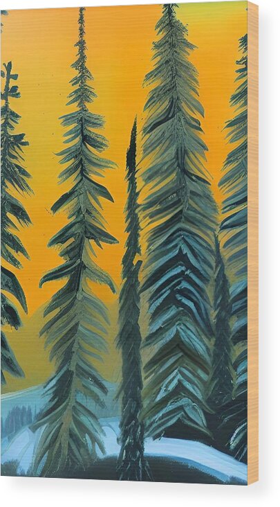 Evergreens Wood Print featuring the painting Winter Evergreens at Daybreak by Bonnie Bruno