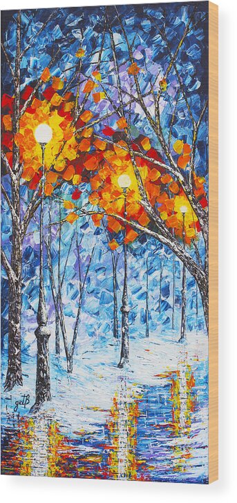 Winter Landscape Wood Print featuring the painting Silence Winter Night Light Reflections original palette knife painting by Georgeta Blanaru