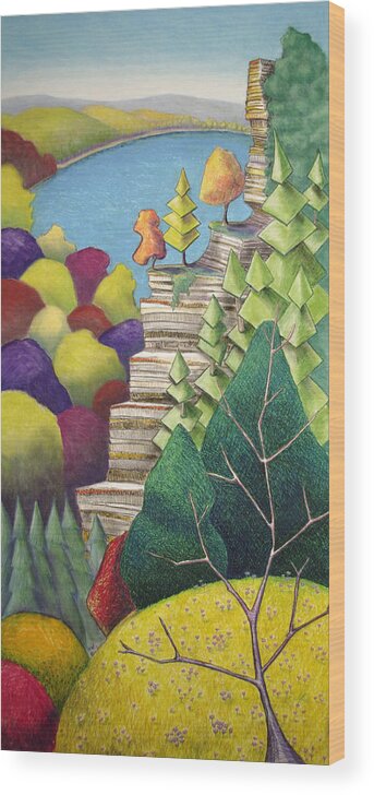 Cliff Wood Print featuring the mixed media Cliff Overlooking Lake with Colorful Trees by Michele Fritz