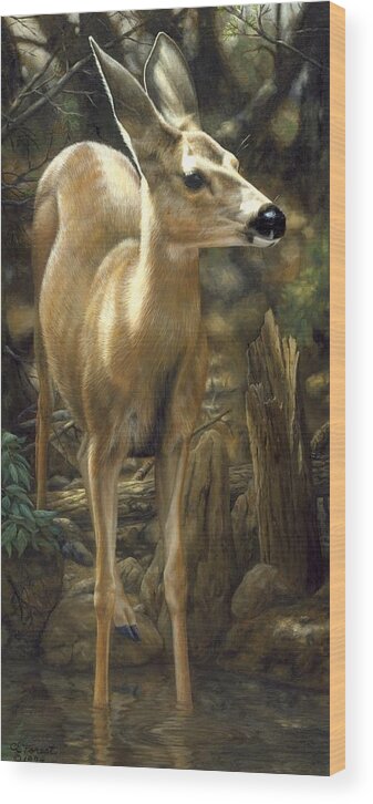 Deer Wood Print featuring the painting Mule Deer - Contemplation by Crista Forest