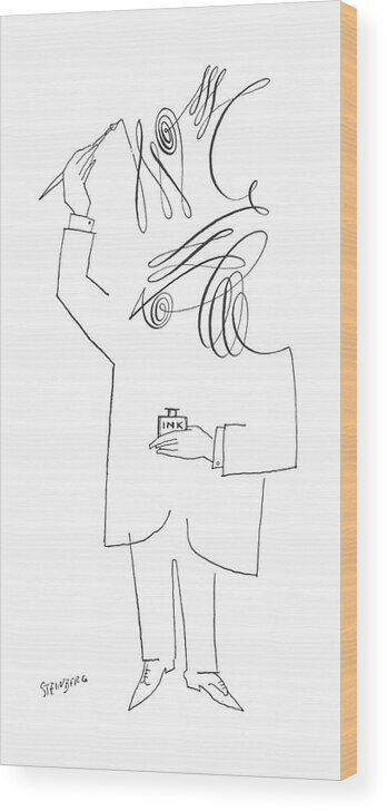 Saul Steinberg 115357 Steinbergattny   (man Abstractly Draws His Own Head With A Pen And Ink.) Abstract Abstractly Art Artist Artistic Artwork Draw Drawing Draws Head Image Ink Man Own Pen Portrait Self Wood Print featuring the drawing New Yorker July 10th, 1954 by Saul Steinberg