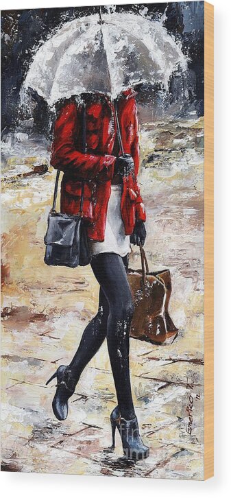 Rain Wood Print featuring the painting Rainy day - Woman of New York 09 by Emerico Imre Toth