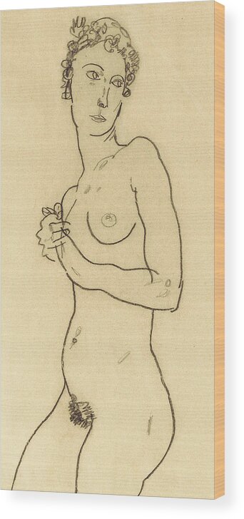 Egon Schiele Wood Print featuring the drawing Standing nude by Egon Schiele