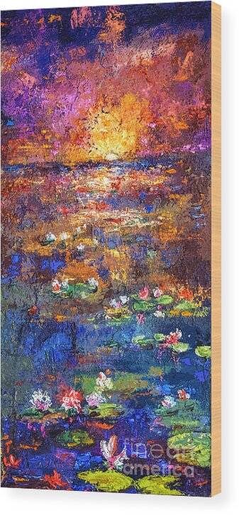 Sunset Wood Print featuring the painting Sunset by the Lily Pond by Ginette Callaway