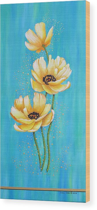 Poppies Wood Print featuring the painting Three Yellow Poppies with Pixie Dust by Carol Sabo