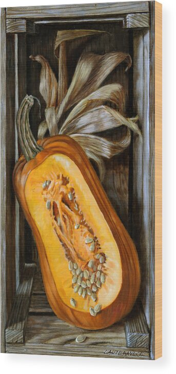 Pumpkin Wood Print featuring the painting Pumpkin in a Box by John Lautermilch